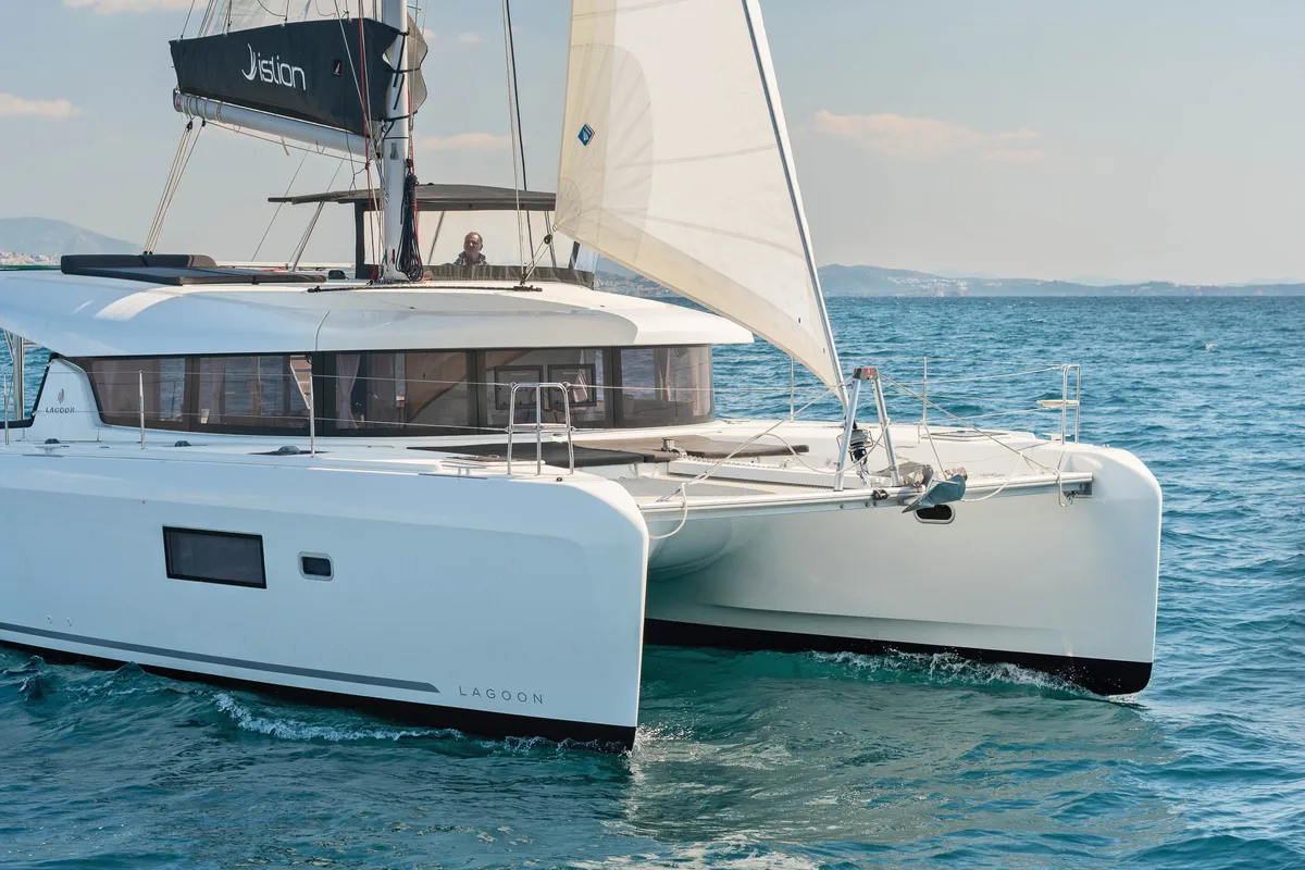 Exterior view of Marou, a Lagoon 42 catamaran at Municipal Unit of Lefkada, Greece