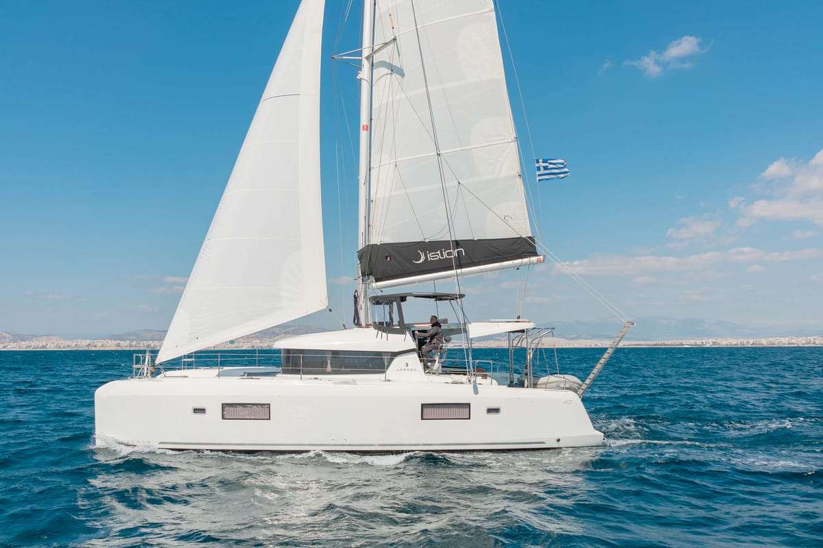 Exterior view of Marou, a Lagoon 42 catamaran at Municipal Unit of Lefkada, Greece