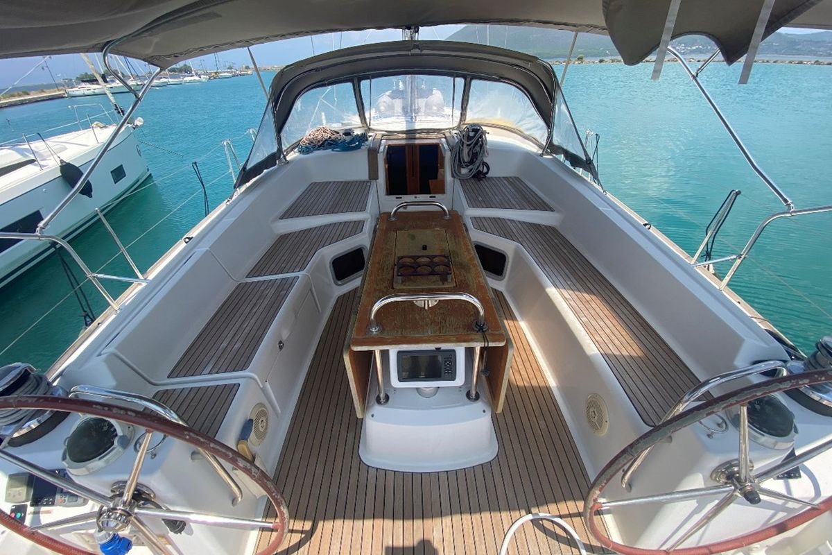 Cockpit of Agios Nikolaos , a Jeanneau 53 sailboat at Municipal Unit of Lefkada, Greece