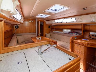 Galley of Bimbo, a Bavaria 34 Cruiser sailboat at Grad Trogir, Croatia