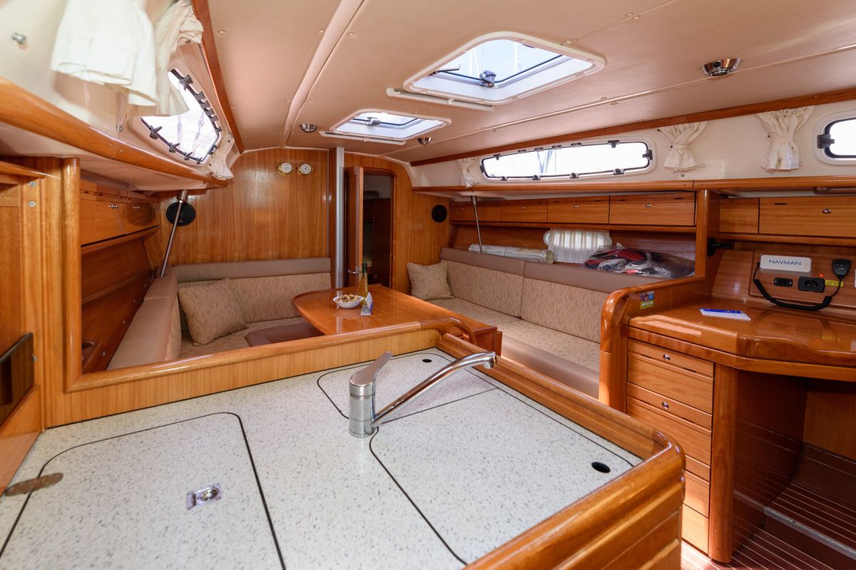 Galley of Bimbo, a Bavaria 34 Cruiser sailboat at Grad Trogir, Croatia