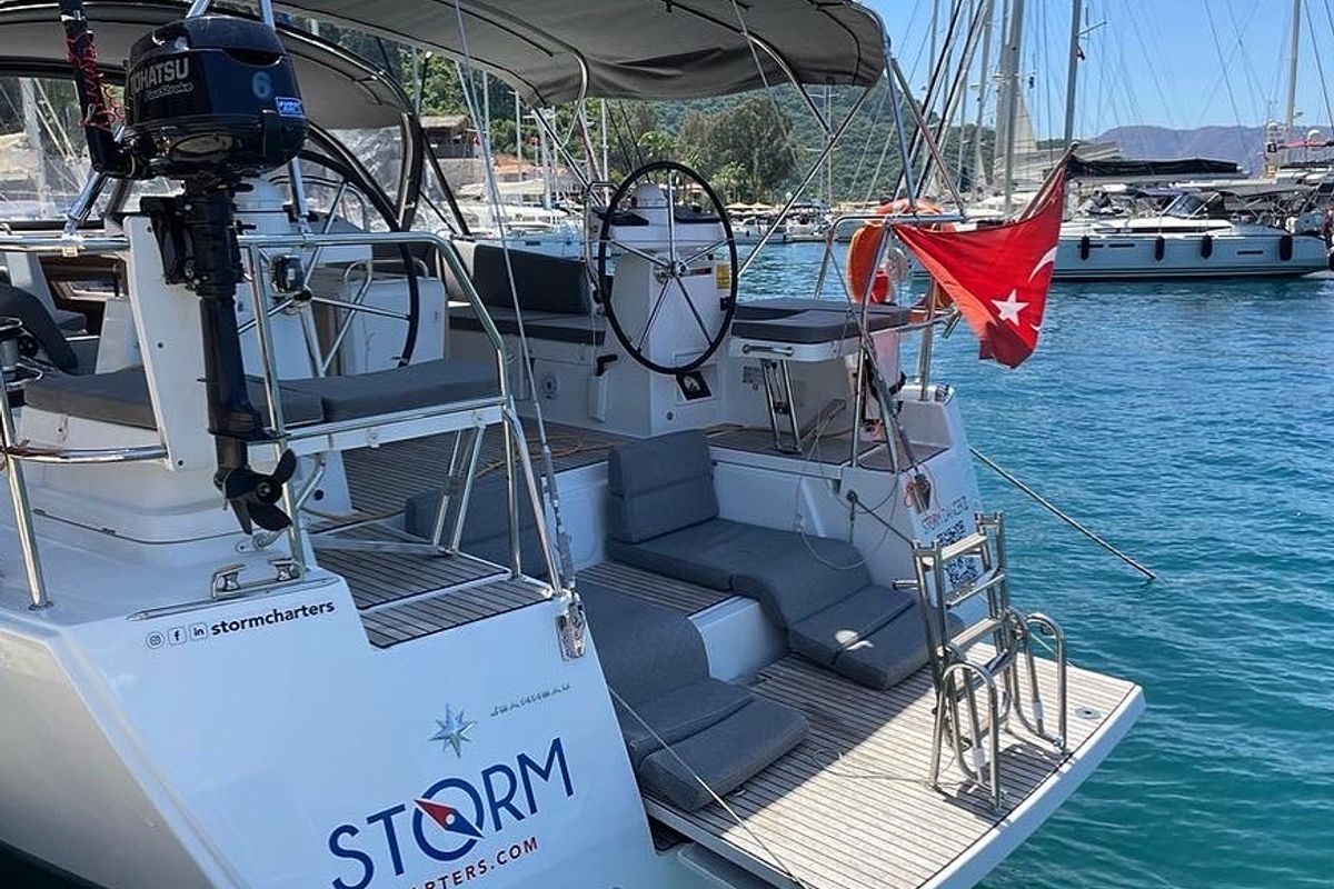 Deck of Storm Dancer 2, a Jeanneau 54 sailboat at Marmaris, Turkey