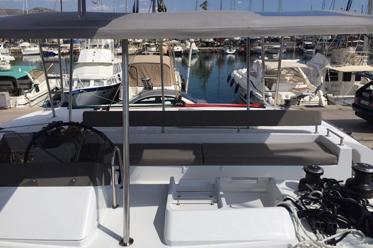 Deck of Solstice , a Lagoon 450 catamaran at Athens, Greece