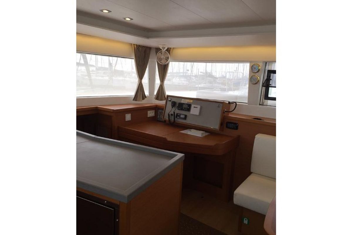 Cockpit of Solstice , a Lagoon 450 catamaran at Athens, Greece