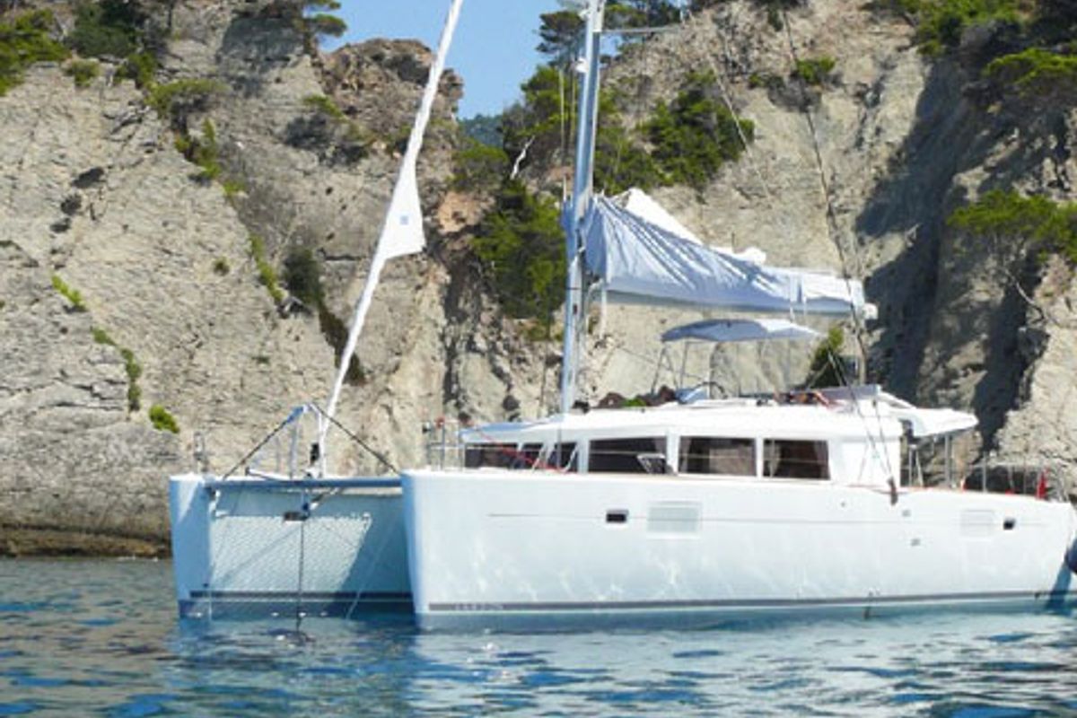 Exterior view of Solstice , a Lagoon 450 catamaran at Athens, Greece