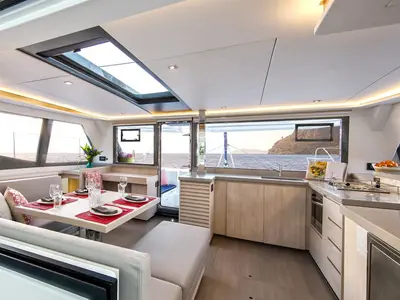 Salon of Moorings 4500L Club, a Leopard 45 catamaran at English Harbour, Antigua and Barbuda