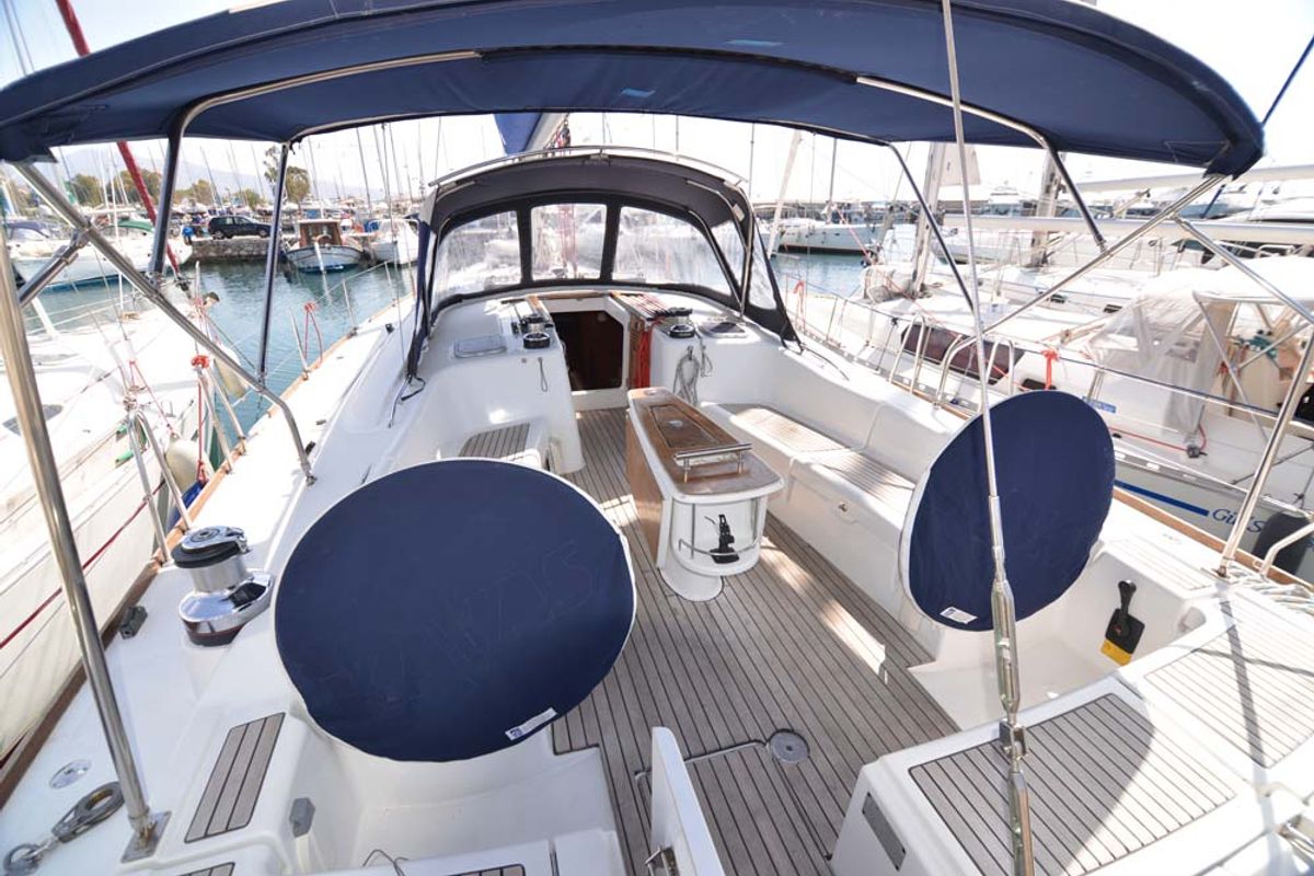 Cockpit of Captain John, a Beneteau Oceanis 54 sailboat at Salamina Municipal Unit, Greece
