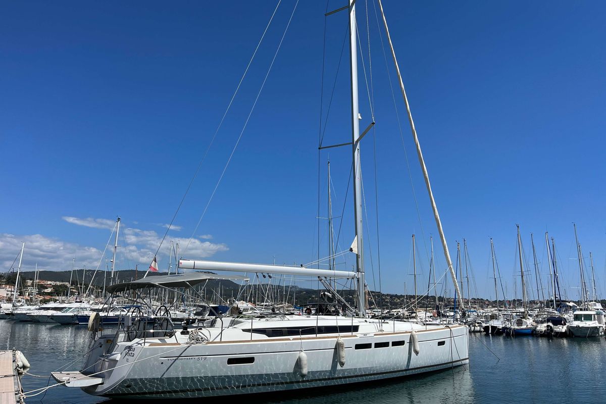 Exterior view of Skopelos, a Jeanneau Sun Odyssey 519 sailboat at Lavreotiki Municipal Unit, Greece
