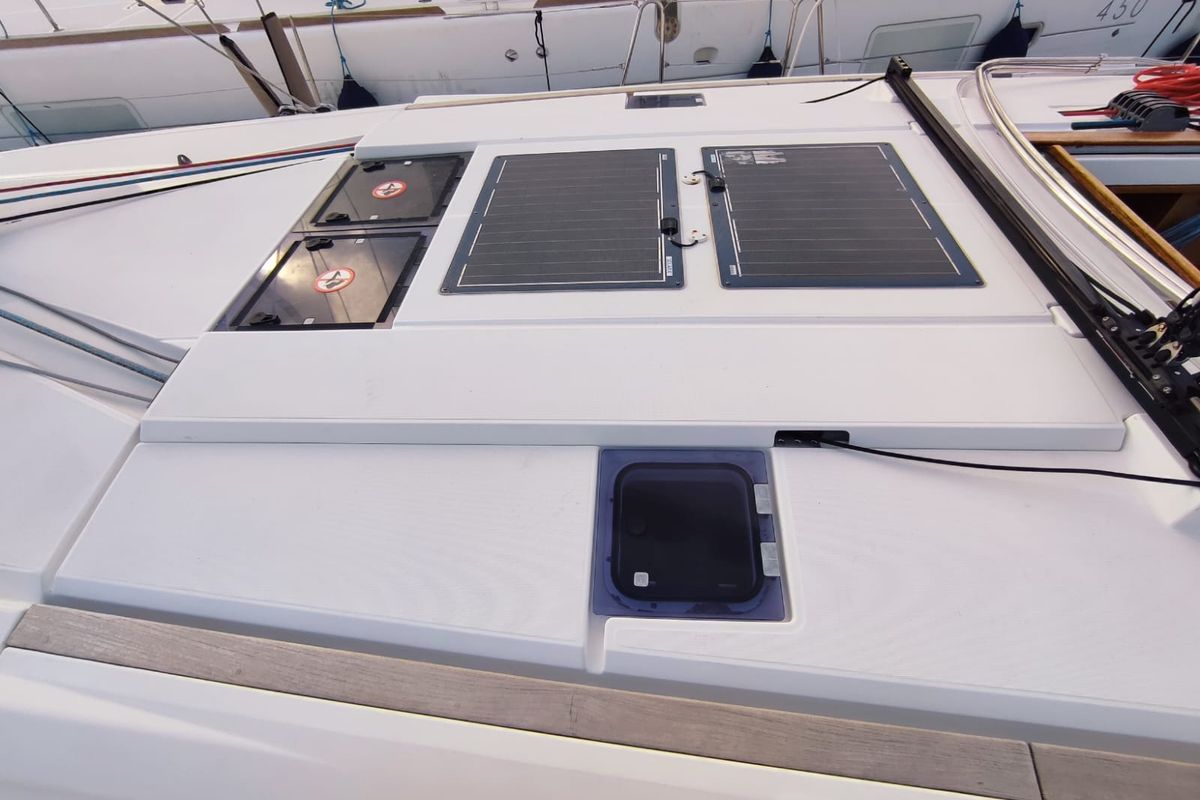 Deck of Skopelos, a Jeanneau Sun Odyssey 519 sailboat at Lavreotiki Municipal Unit, Greece