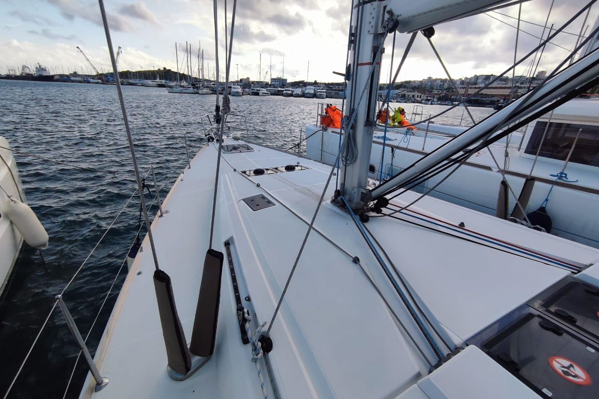 Deck of Skopelos, a Jeanneau Sun Odyssey 519 sailboat at Lavreotiki Municipal Unit, Greece