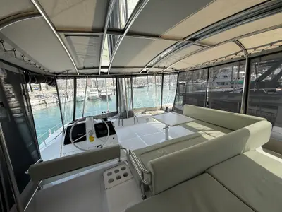 Cockpit of Keysmet, a Bali 4.6 catamaran at Tourlos, Greece