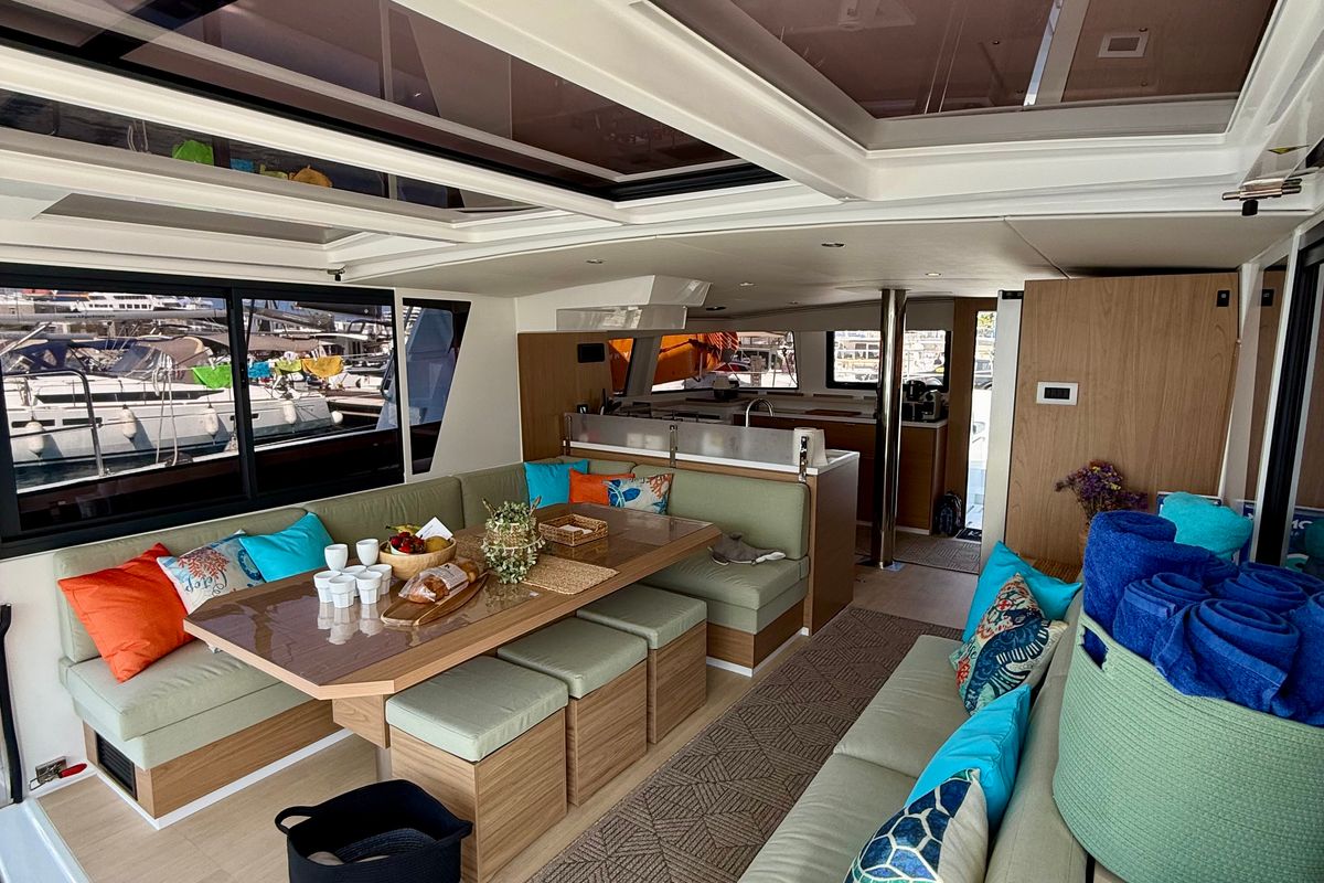 Salon of Keysmet, a Bali 4.6 catamaran at Tourlos, Greece