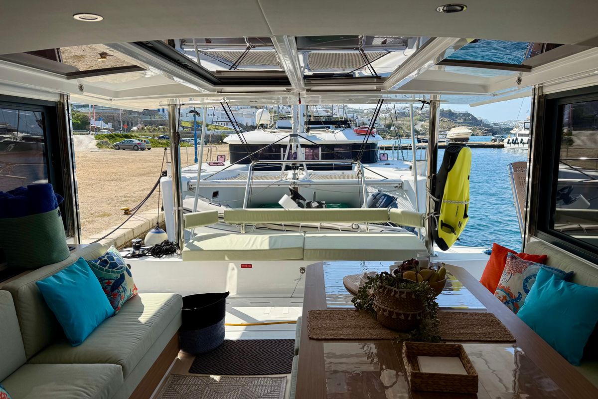 Salon of Keysmet, a Bali 4.6 catamaran at Tourlos, Greece