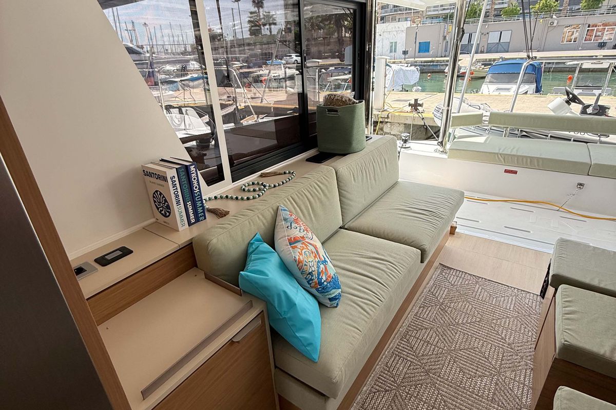 Salon of Keysmet, a Bali 4.6 catamaran at Tourlos, Greece