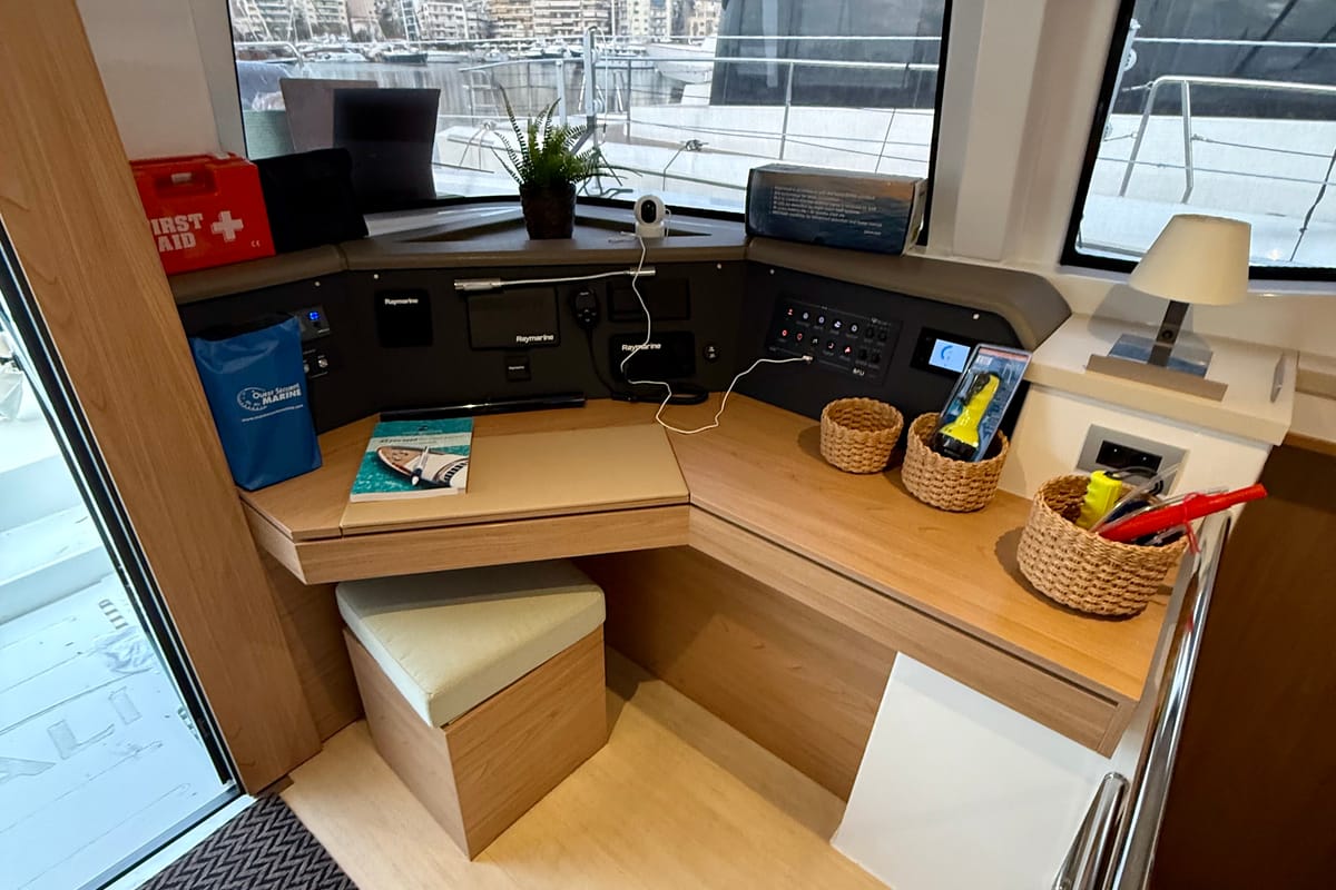 Cockpit of Keysmet, a Bali 4.6 catamaran at Tourlos, Greece