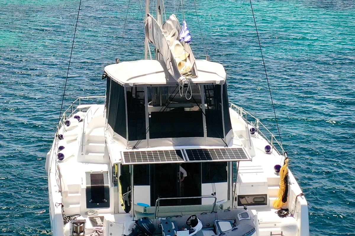 Exterior view of Keysmet, a Bali 4.6 catamaran at Tourlos, Greece