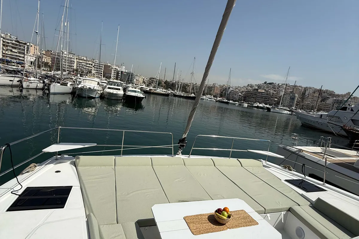 Deck of Keysmet, a Bali 4.6 catamaran at Tourlos, Greece
