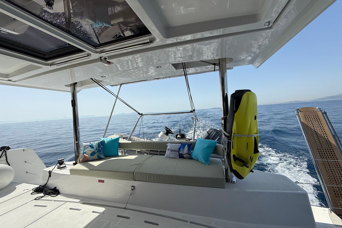 Deck of Keysmet, a Bali 4.6 catamaran at Tourlos, Greece