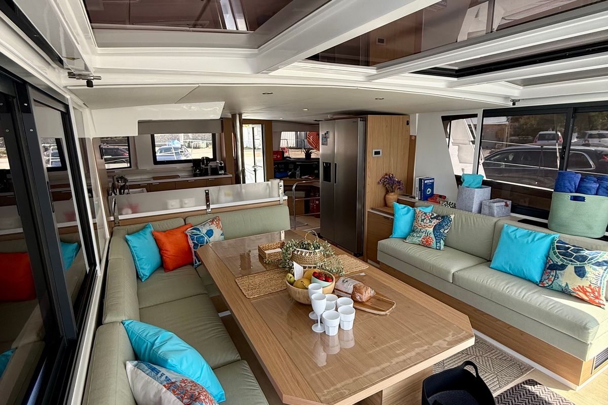 Salon of Keysmet, a Bali 4.6 catamaran at Tourlos, Greece