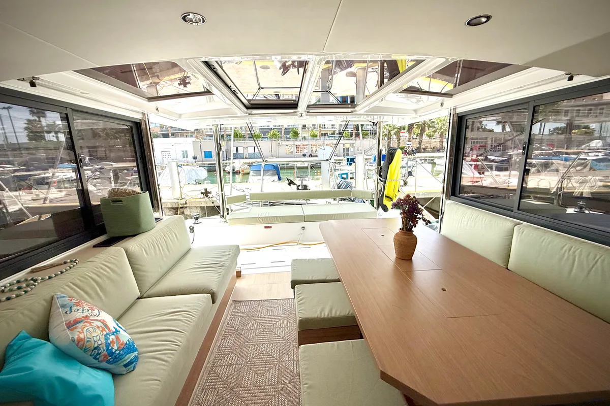 Salon of Keysmet, a Bali 4.6 catamaran at Tourlos, Greece