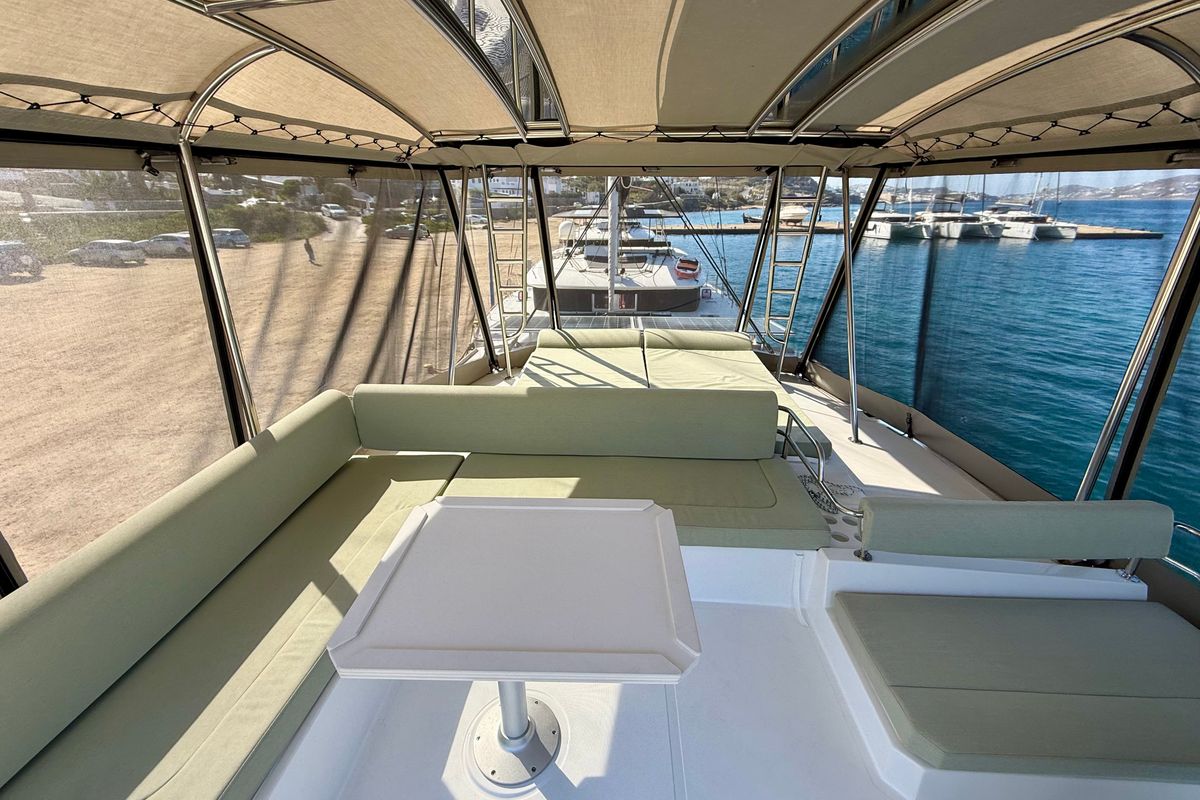 Cockpit of Keysmet, a Bali 4.6 catamaran at Tourlos, Greece