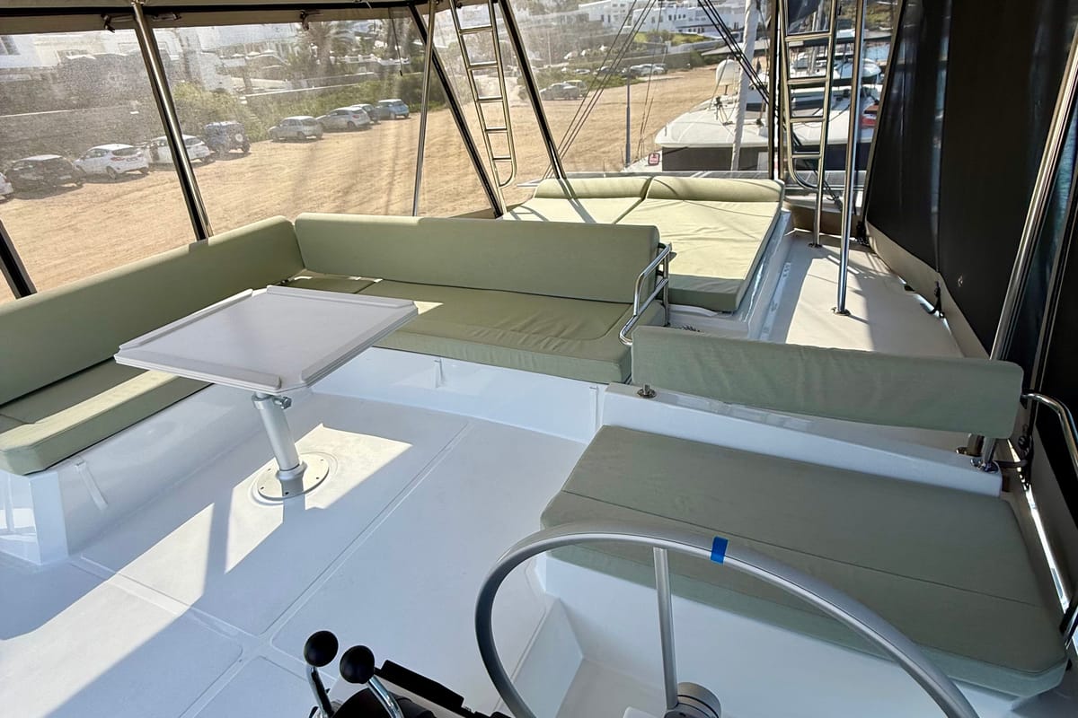Cockpit of Keysmet, a Bali 4.6 catamaran at Tourlos, Greece
