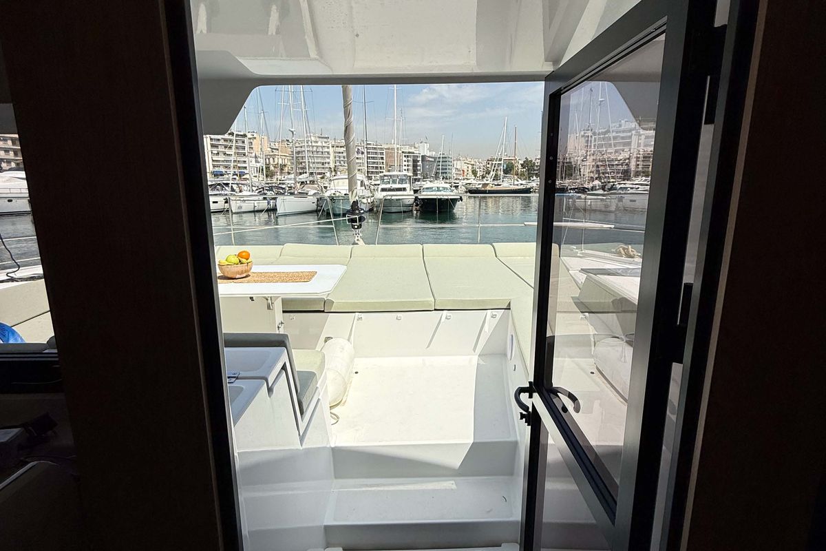 Deck of Keysmet, a Bali 4.6 catamaran at Tourlos, Greece