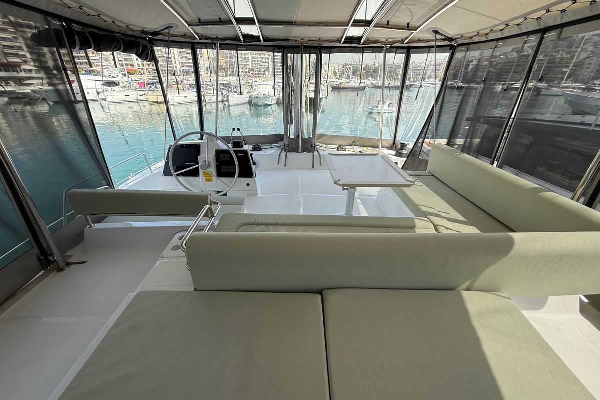 Cockpit of Keysmet, a Bali 4.6 catamaran at Tourlos, Greece