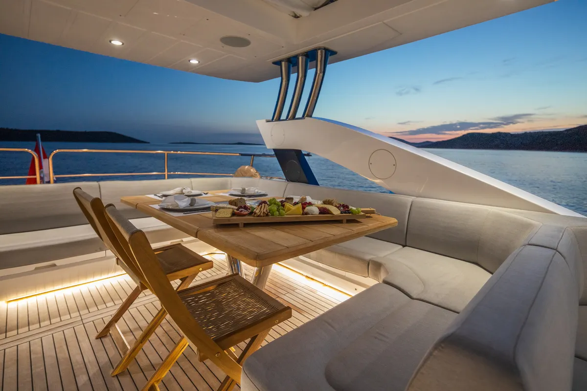 Deck of Opal Adriatic, a Sunseeker International Sunseeker 75 yacht at Seget Donji, Croatia