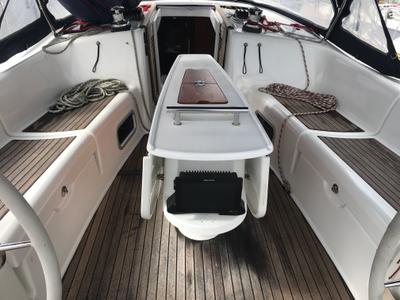 Cockpit of Libra, a Beneteau Oceanis 43 sailboat at Olbia, Italy