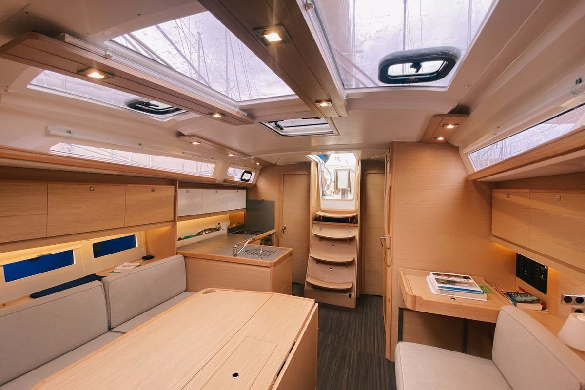Salon of Nafrayou, a Dufour 390 GL sailboat at Marseille, France