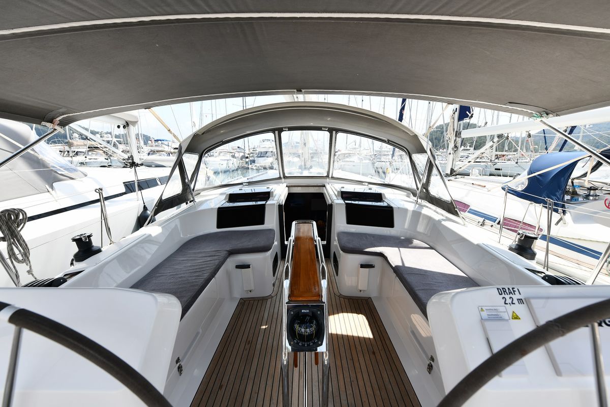 Cockpit of Sarsala, a Hanse Yachts Hanse 458 sailboat at Fethiye, Turkey
