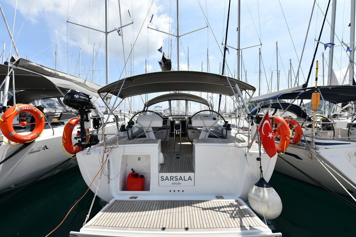 Deck of Sarsala, a Hanse Yachts Hanse 458 sailboat at Fethiye, Turkey