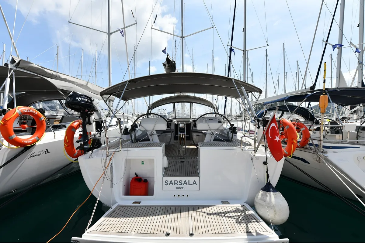Exterior view of Sarsala, a Hanse Yachts Hanse 458 sailboat at Fethiye, Turkey