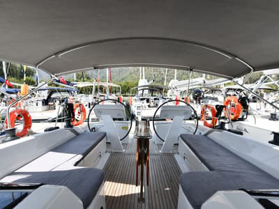 Cockpit of Sarsala, a Hanse Yachts Hanse 458 sailboat at Fethiye, Turkey