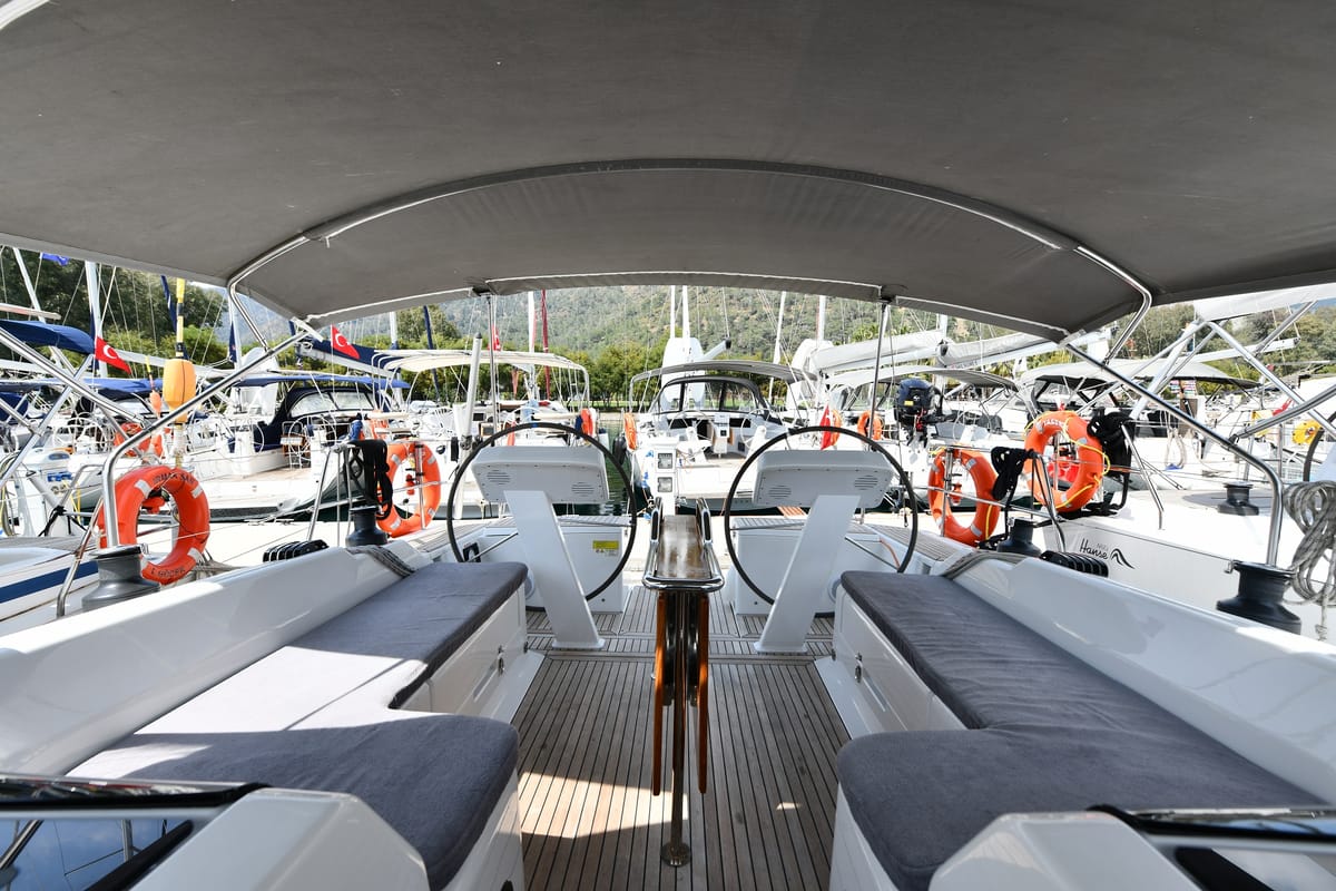 Cockpit of Sarsala, a Hanse Yachts Hanse 458 sailboat at Fethiye, Turkey