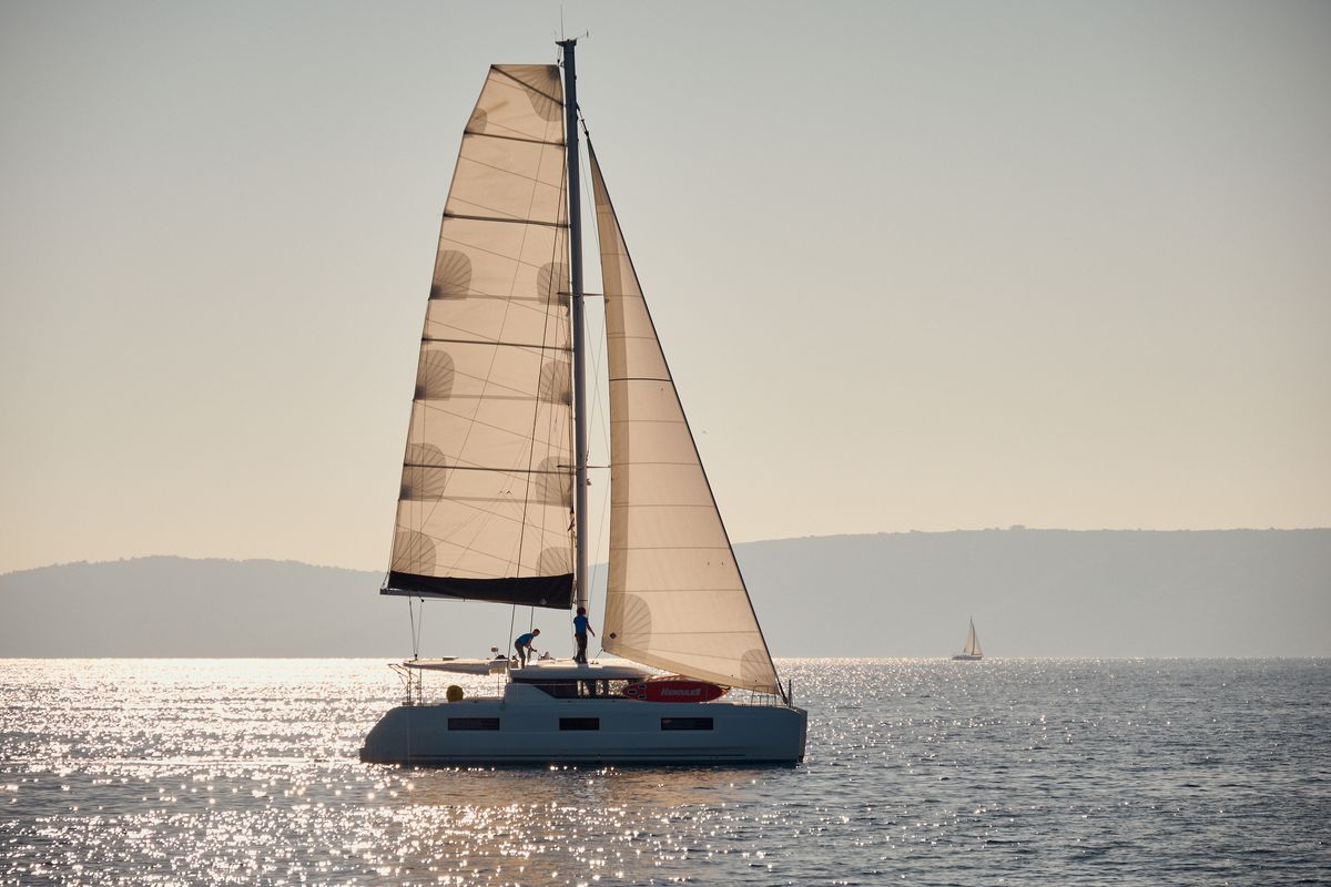 Exterior view of Gemini, a Lagoon 46 catamaran at Grad Trogir, Croatia