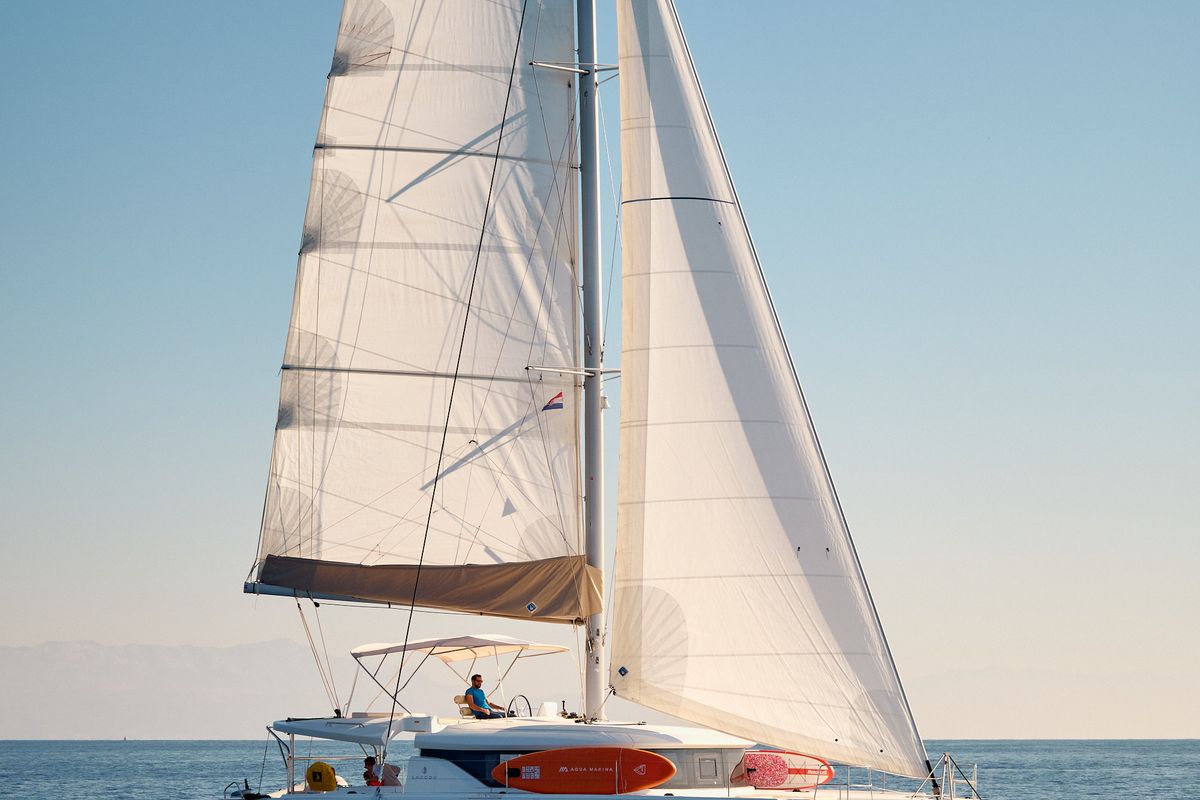 Exterior view of Gemini, a Lagoon 46 catamaran at Grad Trogir, Croatia