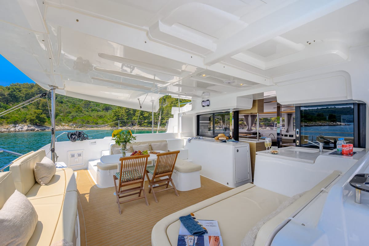 Deck of Gemini, a Lagoon 46 catamaran at Grad Trogir, Croatia