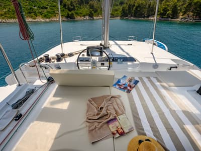 Cockpit of Gemini, a Lagoon 46 catamaran at Grad Trogir, Croatia