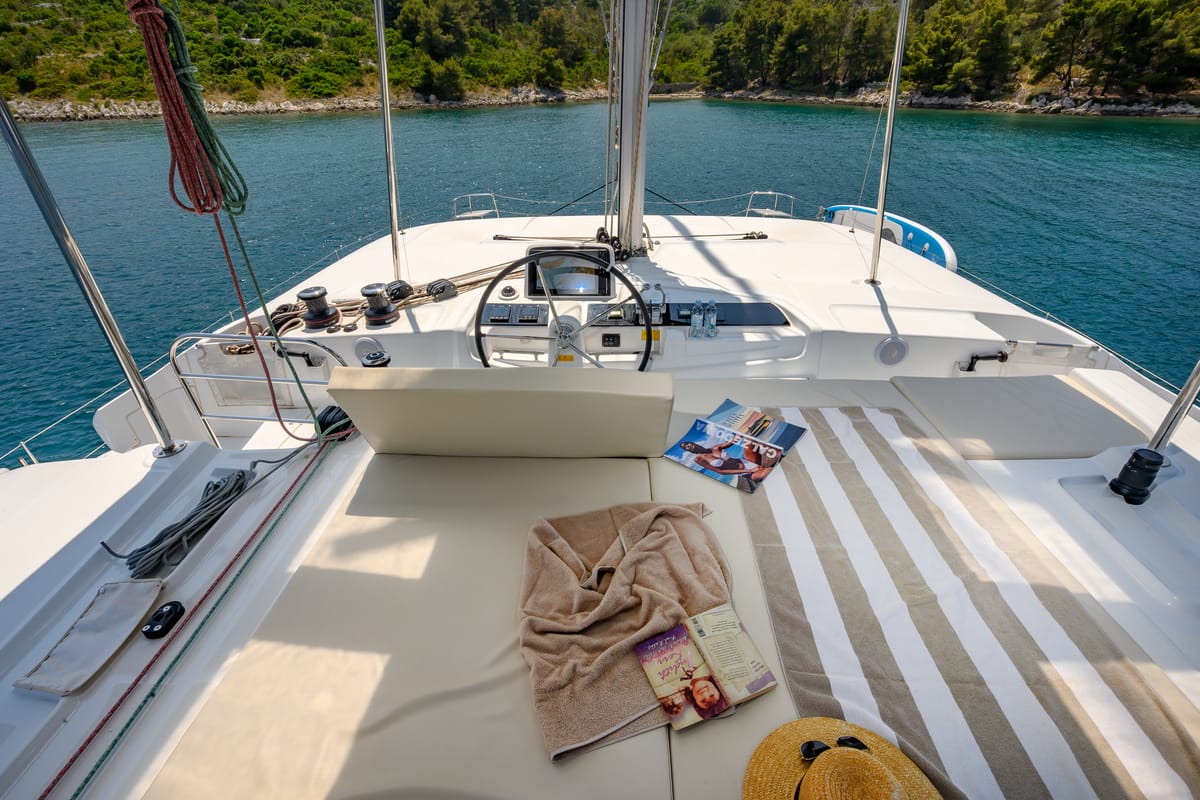 Cockpit of Gemini, a Lagoon 46 catamaran at Grad Trogir, Croatia