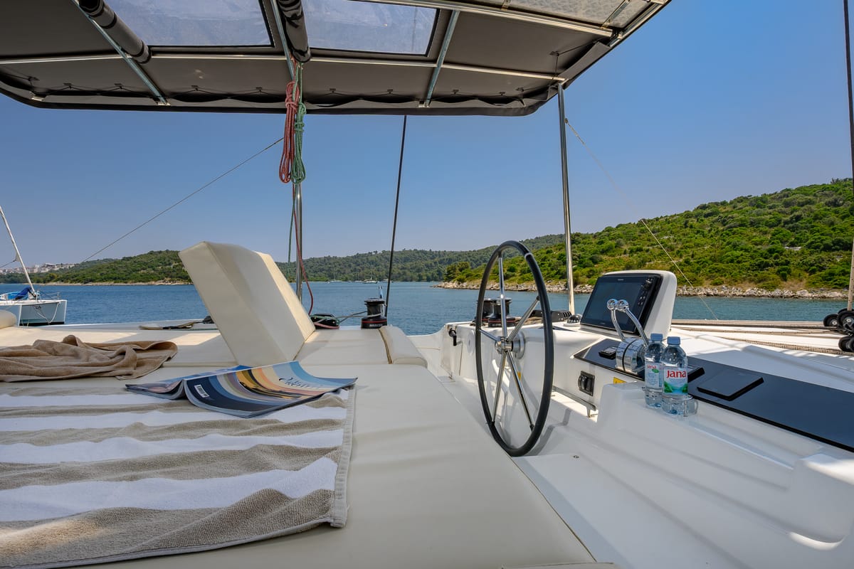 Cockpit of Gemini, a Lagoon 46 catamaran at Grad Trogir, Croatia