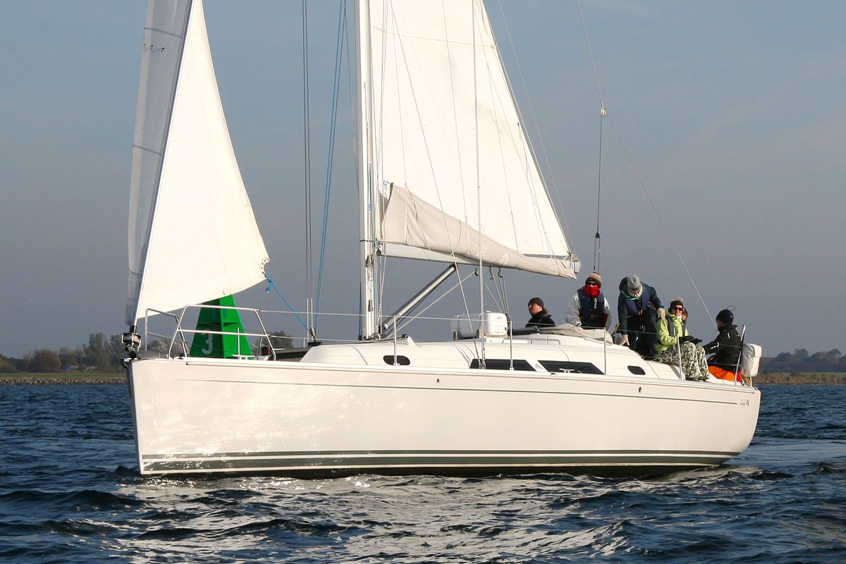 Exterior view of Minie, a Hanse Yachts Hanse 370 sailboat at Heiligenhafen, Germany