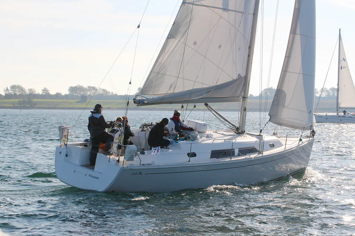 Exterior view of Minie, a Hanse Yachts Hanse 370 sailboat at Heiligenhafen, Germany