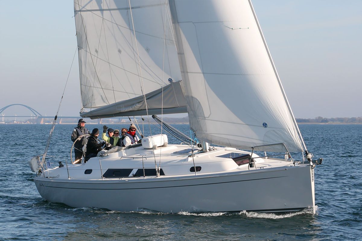 Exterior view of Minie, a Hanse Yachts Hanse 370 sailboat at Heiligenhafen, Germany