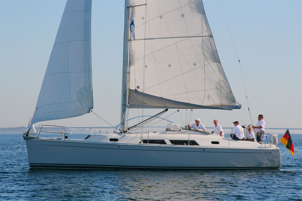 Exterior view of Minie, a Hanse Yachts Hanse 370 sailboat at Heiligenhafen, Germany