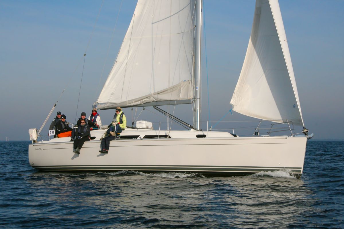 Exterior view of Minie, a Hanse Yachts Hanse 370 sailboat at Heiligenhafen, Germany