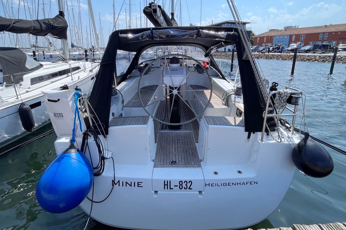 Cockpit of Minie, a Hanse Yachts Hanse 370 sailboat at Heiligenhafen, Germany