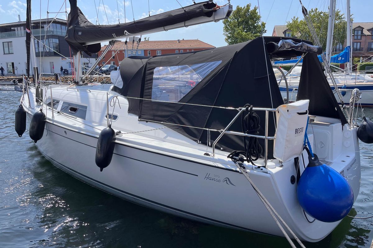 Exterior view of Minie, a Hanse Yachts Hanse 370 sailboat at Heiligenhafen, Germany