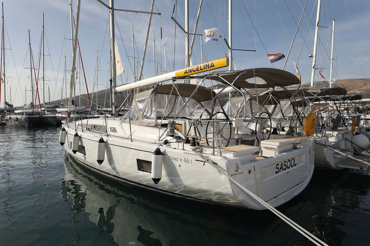 Exterior view of Sasool, a Beneteau Oceanis 46.1 sailboat at Grad Trogir, Croatia